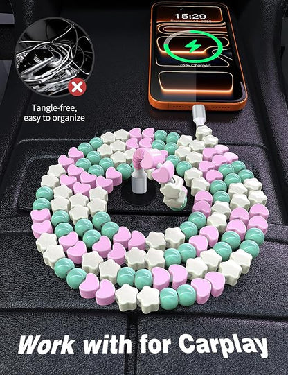 Mint-Pink Star Heart Beaded
